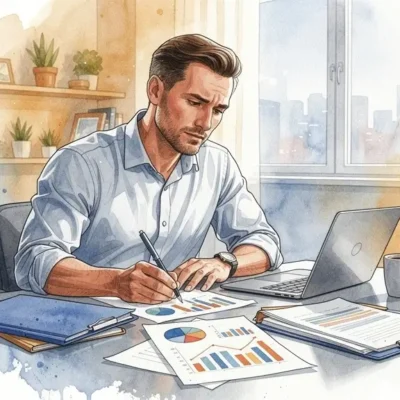 Dirigeant de TPE analysant ses résultats financiers et bilans comptables à son bureau
