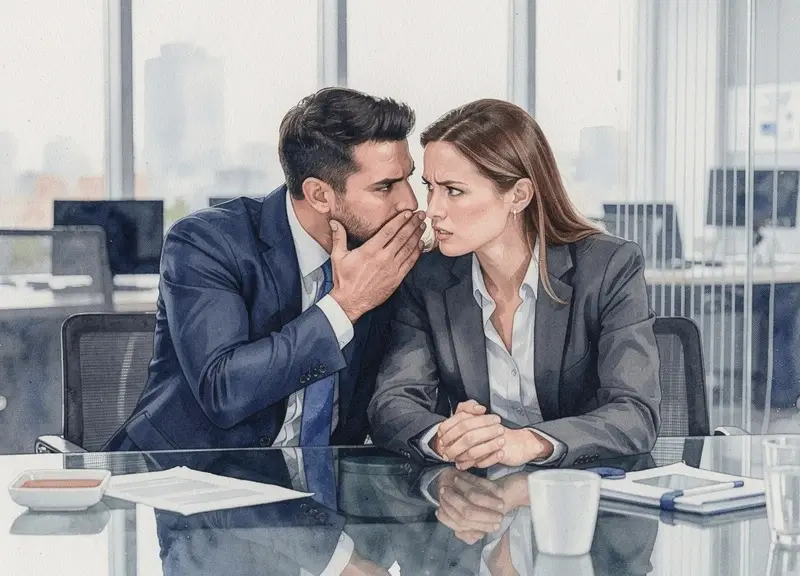 Deux professionnels en bureau, l'un chuchotant à l'oreille de l'autre, expression de tension discrète
